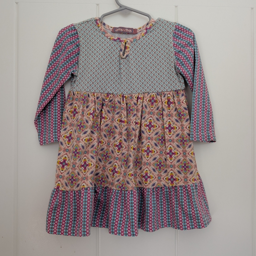 Jelly the Pug 2T Girls Mixed-Print Long Sleeve Dress